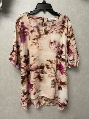 Jennifer Lopez Blouse Womens Size Large Short Sleeves Pink Floral Top Hi Lo - Image 1