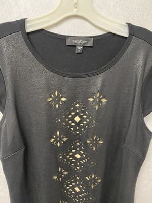 Karen Kane Black/Tan CUTOUT FAUX LEATHER TOP w/stretch Ponte Back Size Large - Thumbnail 2
