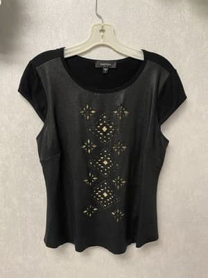 Karen Kane Black/Tan CUTOUT FAUX LEATHER TOP w/stretch Ponte Back Size Large - Image 1