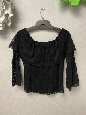 CUPIO BLACK BOHO LINED LACE DOUBLE RUFFLE BELL SLEEVE BLOUSE TOP Med - Thumbnail 7