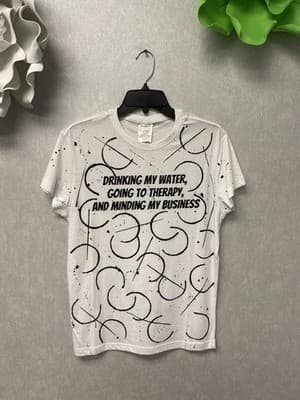 Revamped White/ Black Hand Painted T-shirt Size Small Drinking My Water Theme - Image 1