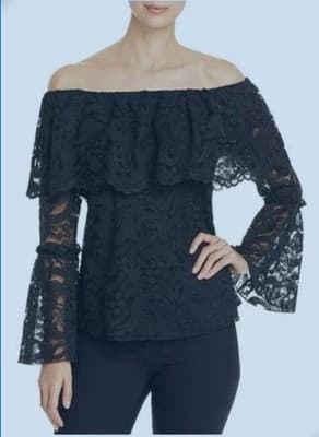 CUPIO BLACK BOHO LINED LACE DOUBLE RUFFLE BELL SLEEVE BLOUSE TOP Med - Image 1