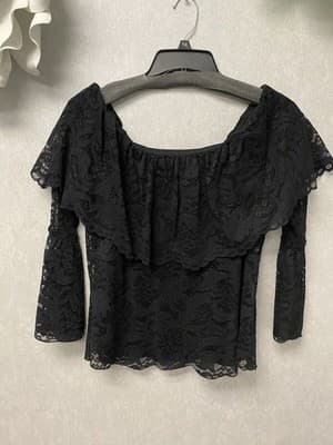 CUPIO BLACK BOHO LINED LACE DOUBLE RUFFLE BELL SLEEVE BLOUSE TOP Med - Thumbnail 2