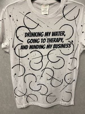Revamped White/ Black Hand Painted T-shirt Size Small Drinking My Water Theme - Thumbnail 3