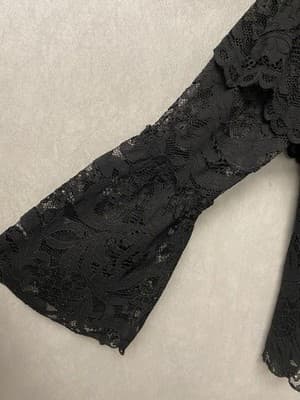 CUPIO BLACK BOHO LINED LACE DOUBLE RUFFLE BELL SLEEVE BLOUSE TOP Med - Thumbnail 4