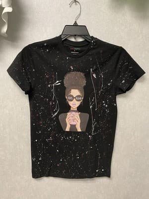 Revamped Black/Pink Boss Girl Spattered T-Shirt Size Small - Image 1