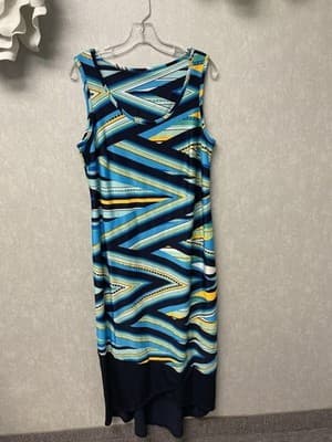 Revamped Blue And Yellow Sleeveless Maxi Dress Hand painted Size XL - Thumbnail 4