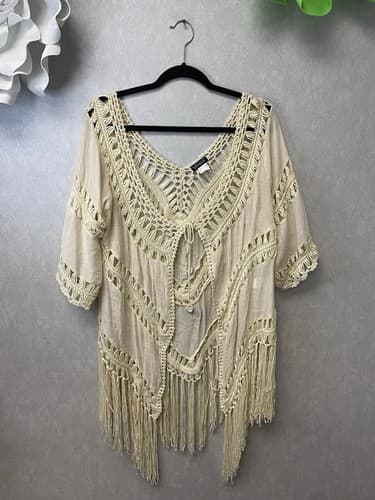 Venus CROCHET BEIGE FRINGE KIMONO BEACH COVERUP Size Med - Image 1