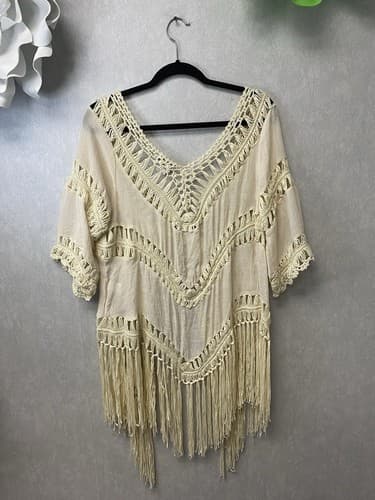 Venus CROCHET BEIGE FRINGE KIMONO BEACH COVERUP Size Med - Thumbnail 8