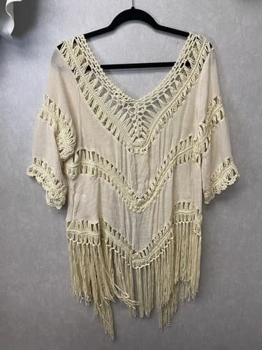 Venus CROCHET BEIGE FRINGE KIMONO BEACH COVERUP Size Med - Thumbnail 9