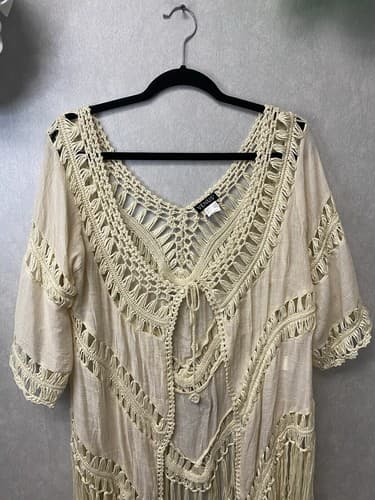 Venus CROCHET BEIGE FRINGE KIMONO BEACH COVERUP Size Med - Thumbnail 2