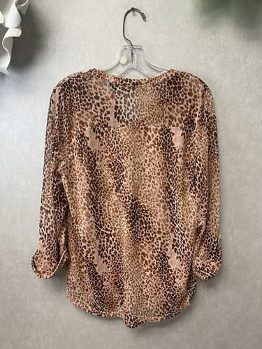 Cocomo Pink Leopard Print Pintuck Plus 3/4 Sleeve Blouse Top Shirt Med VNeck - Thumbnail 7
