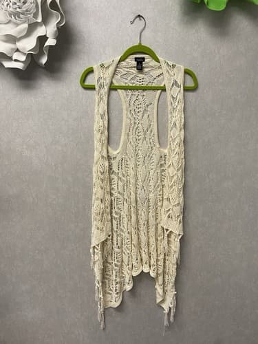 Rue 21 Small Fringe Open Crocheted Lace Trim Vest Hippie - Image 1