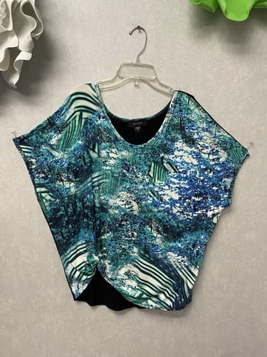 Karen Kane Green/ Blue Paisley Chiffon Blouson Scarf Top Poncho Lined Large - Image 1