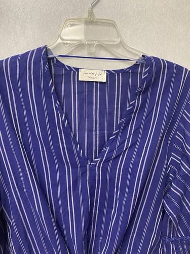 Lavender Field Blouse Blue Striped V-Neck Bell Sleeve Cropped Boho Size Small - Thumbnail 2