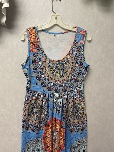 Blue Multi Mandala Print Floral Dress Sleeveless Sz Med - Thumbnail 2