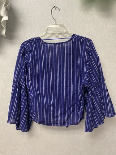 Lavender Field Blouse Blue Striped V-Neck Bell Sleeve Cropped Boho Size Small - Thumbnail 7