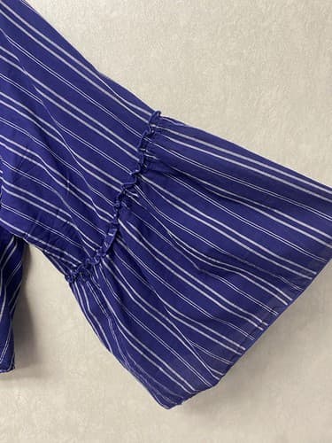 Lavender Field Blouse Blue Striped V-Neck Bell Sleeve Cropped Boho Size Small - Thumbnail 6