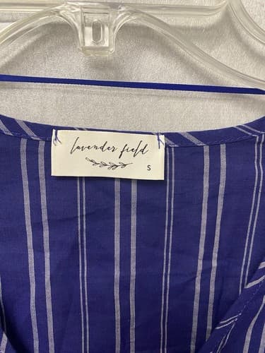 Lavender Field Blouse Blue Striped V-Neck Bell Sleeve Cropped Boho Size Small - Thumbnail 3