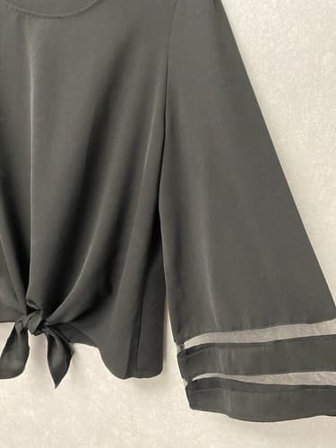 Black Blouse With Front Tie And Sheer Panel Sleeves Size Large - Thumbnail 5
