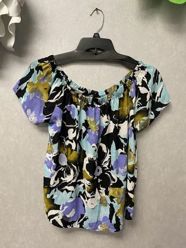 Evereve Allison Joy Floral Light Blue Off the Shoulder Blouse Size Large - Thumbnail 4