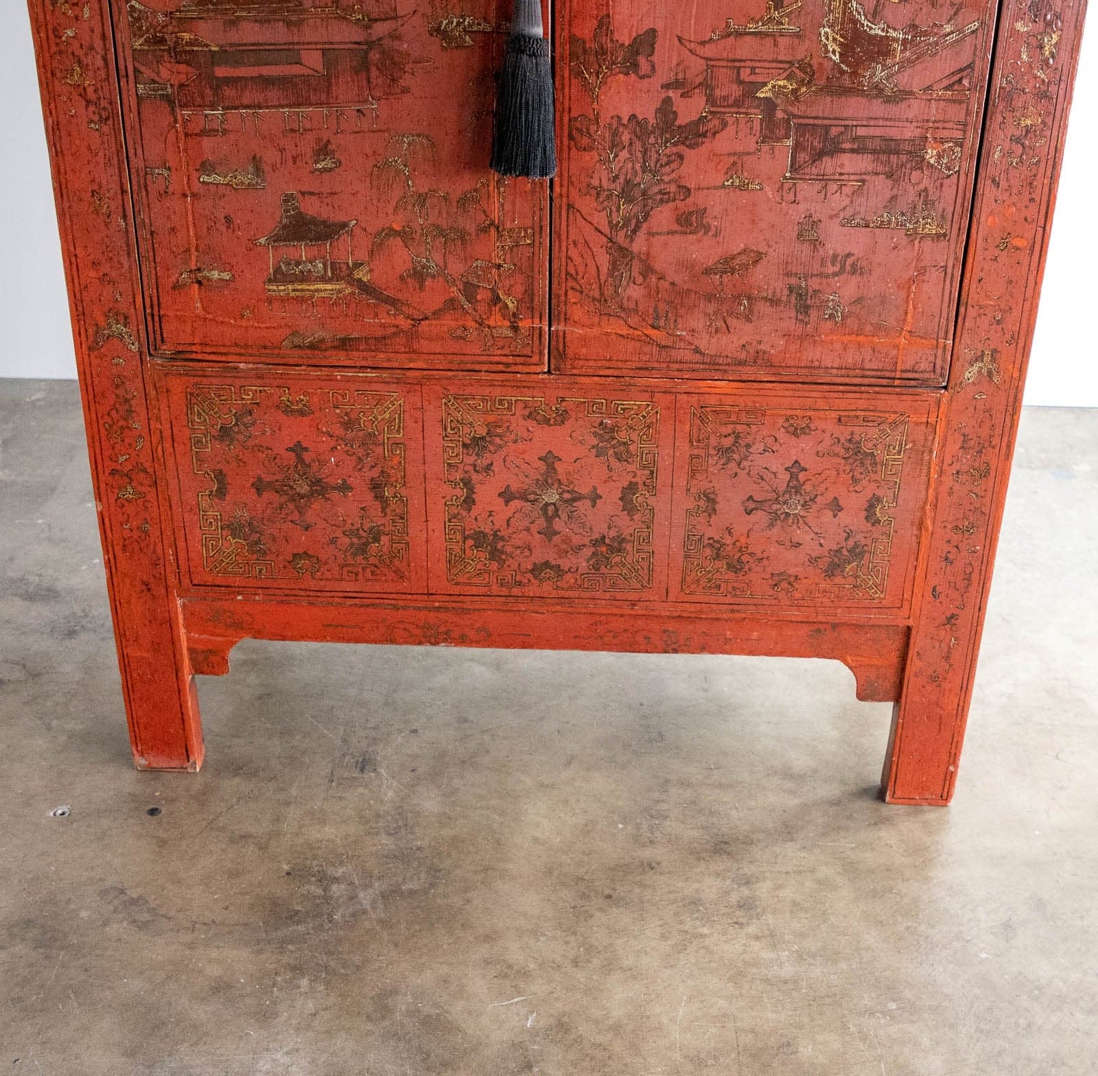 Early 1900s Chinese Red Lacquer Painted Two-Door Wedding Cabinet - Thumbnail 6