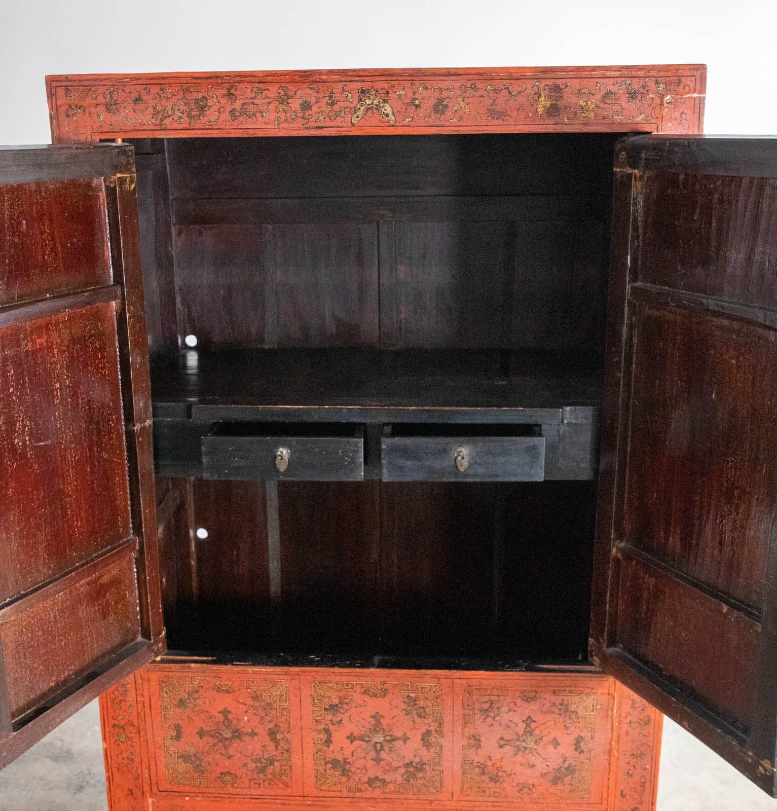 Early 1900s Chinese Red Lacquer Painted Two-Door Wedding Cabinet - Thumbnail 3