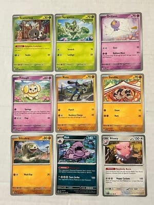 Pokemon TCG Lot 9 Cards Scatterbug Sprigatito Drifloon Riolu Muk Blissey 2023 - Image 1