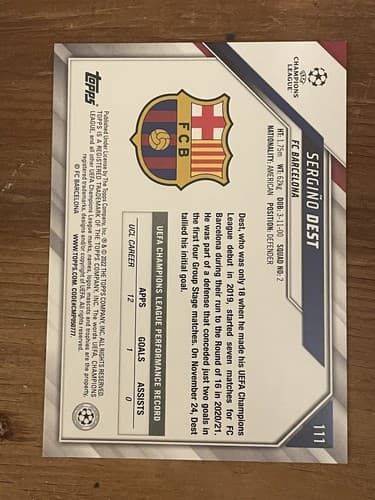 2022 Topps UEFA Champions League Sergino Dest Card #111 - Thumbnail 2