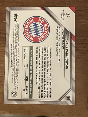 2022 Topps Champions League Robert Lewandowski #108 FC Bayern - Thumbnail 2