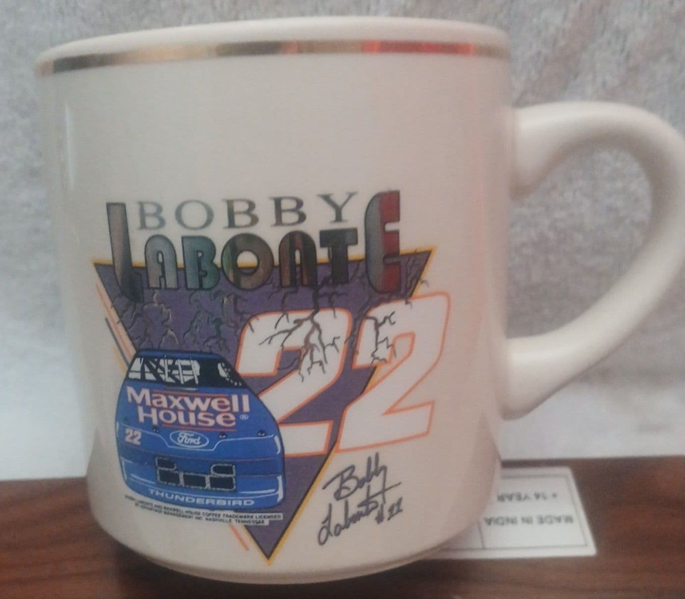 VINTAGE NASCAR BOBBY LABONTE#22 FORD RACING MAXWELL HOUSE GOLD RIMMED COFFEE MUG - Image 1