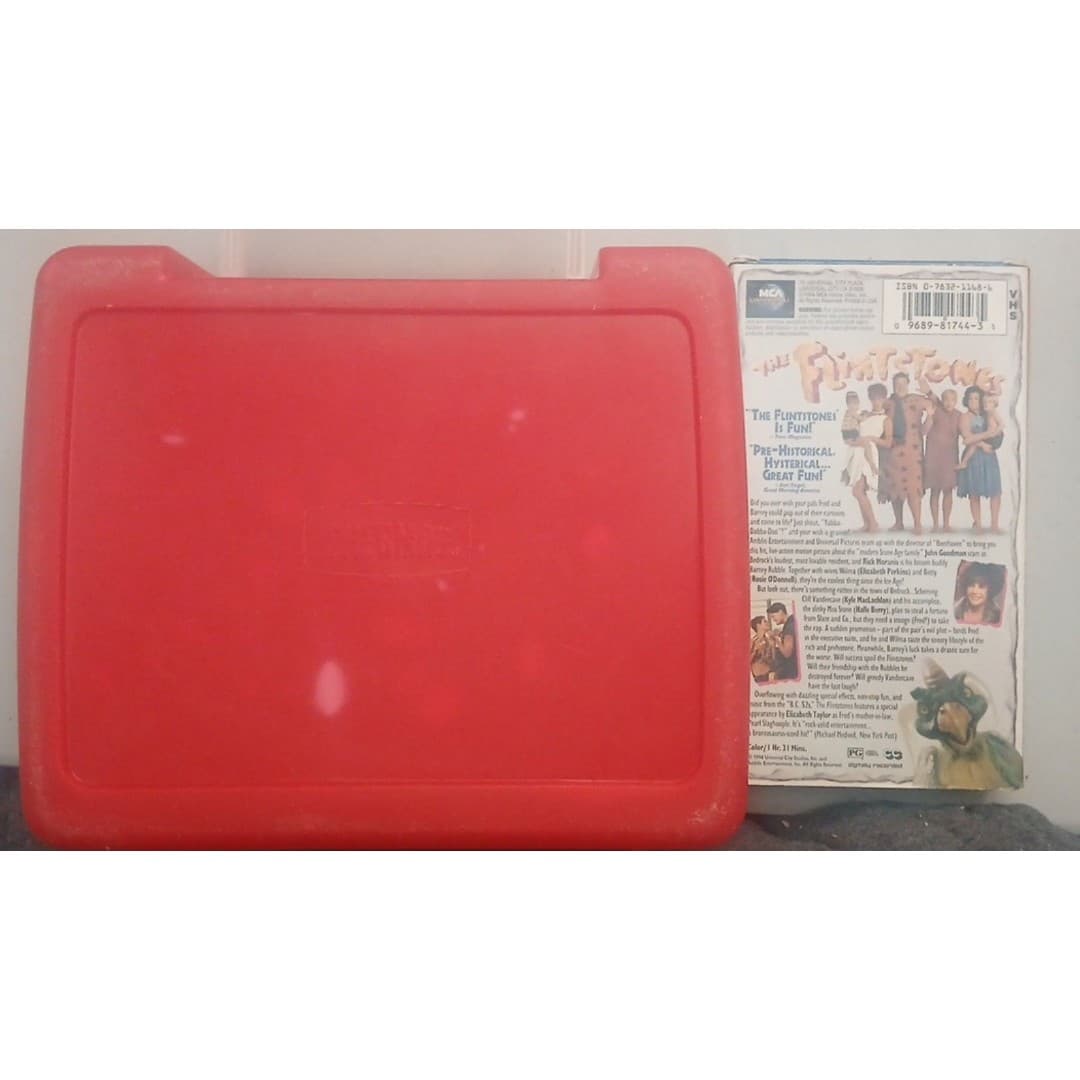 The Flintstones Movie Red Plastic Thermos Lunch Box w The VHS Flintstones Movie - Thumbnail 2