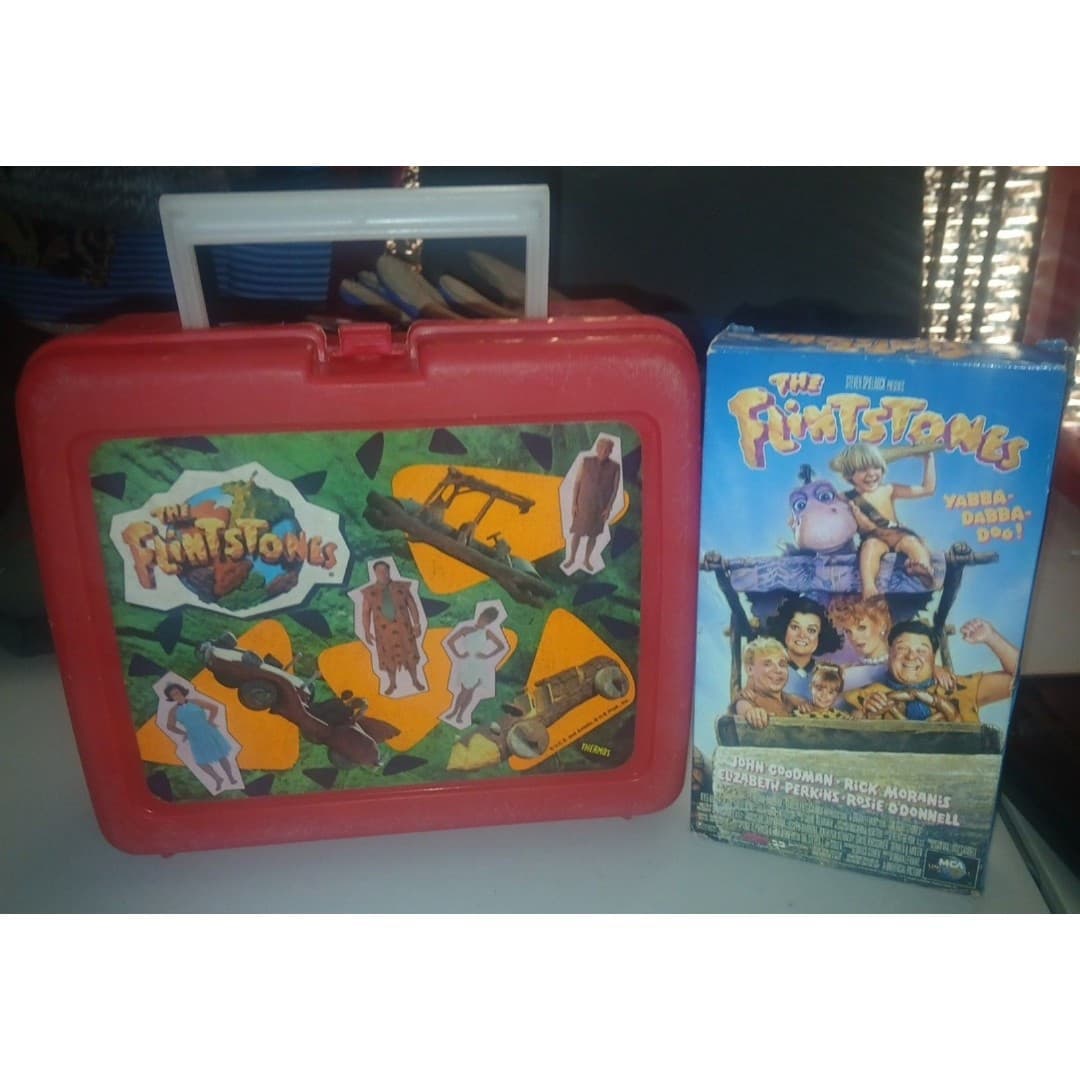 The Flintstones Movie Red Plastic Thermos Lunch Box w The VHS Flintstones Movie - Image 1