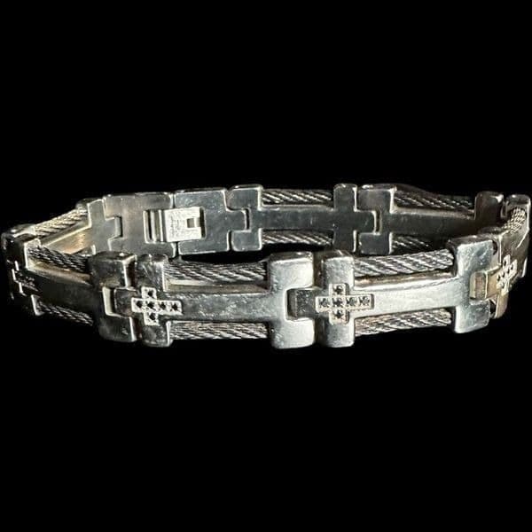 STAINLESS STEEL Silver Black Cubic Zirconia Cross Religious Designer Link Bracel - Thumbnail 12