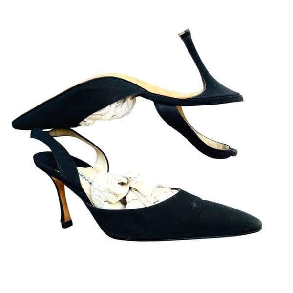 MANOLOL BLAHNIK Carolyne 70 Black Leather Suede Slingback Pumps High Heels Size - Thumbnail 2