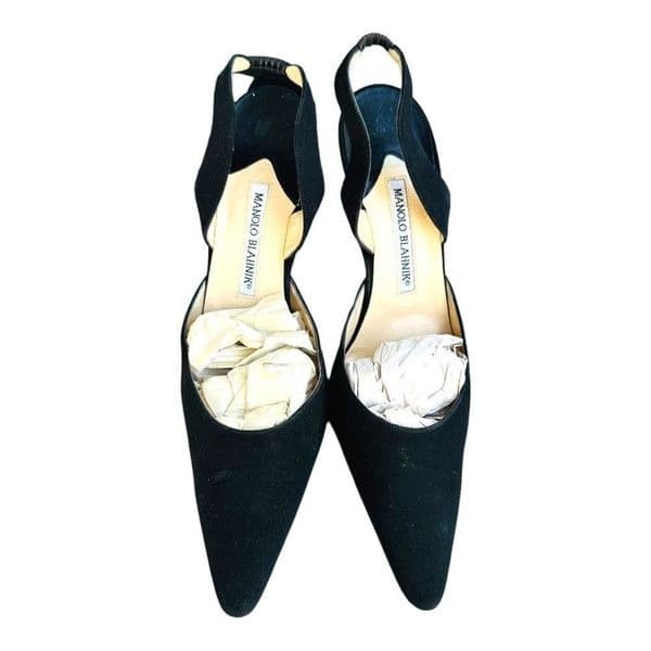 MANOLOL BLAHNIK Carolyne 70 Black Leather Suede Slingback Pumps High Heels Size - Thumbnail 4