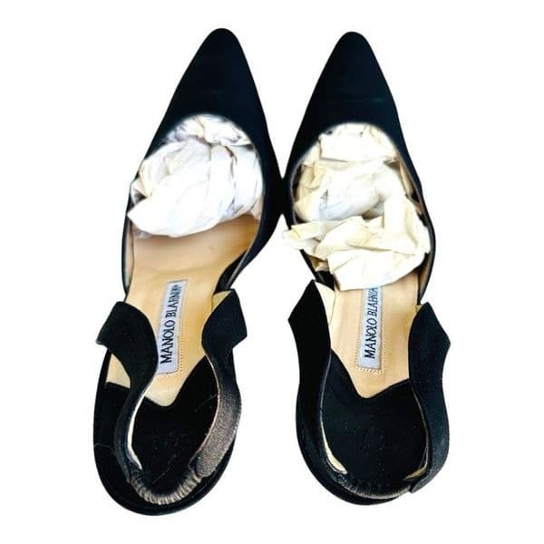 MANOLOL BLAHNIK Carolyne 70 Black Leather Suede Slingback Pumps High Heels Size - Thumbnail 6