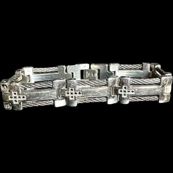 STAINLESS STEEL Silver Black Cubic Zirconia Cross Religious Designer Link Bracel - Thumbnail 8