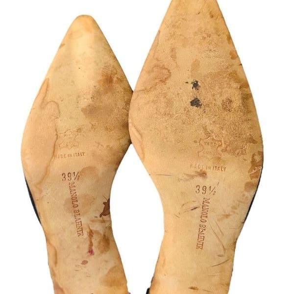 MANOLOL BLAHNIK Carolyne 70 Black Leather Suede Slingback Pumps High Heels Size - Thumbnail 9