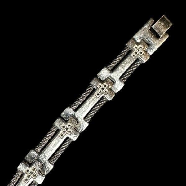 STAINLESS STEEL Silver Black Cubic Zirconia Cross Religious Designer Link Bracel - Thumbnail 11