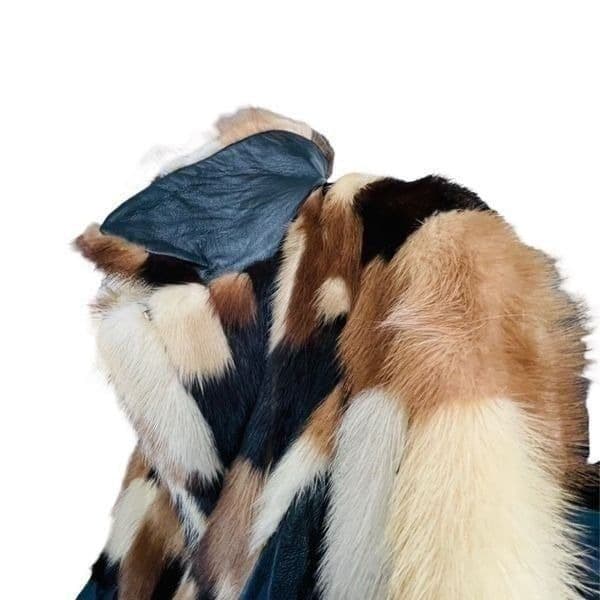 FUR COAT Genuine Y2K Vintage Rabbit Fur Leather Patchwork Long Belted Winter Coa - Thumbnail 9