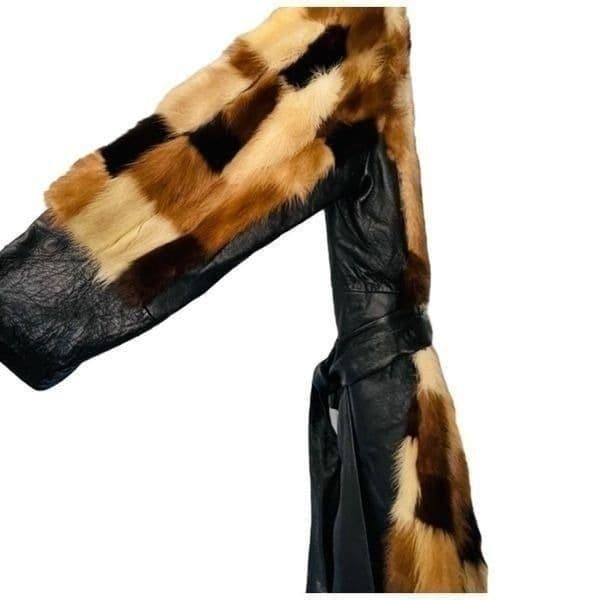 FUR COAT Genuine Y2K Vintage Rabbit Fur Leather Patchwork Long Belted Winter Coa - Thumbnail 3