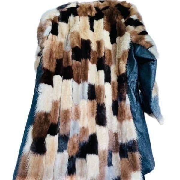 FUR COAT Genuine Y2K Vintage Rabbit Fur Leather Patchwork Long Belted Winter Coa - Thumbnail 11