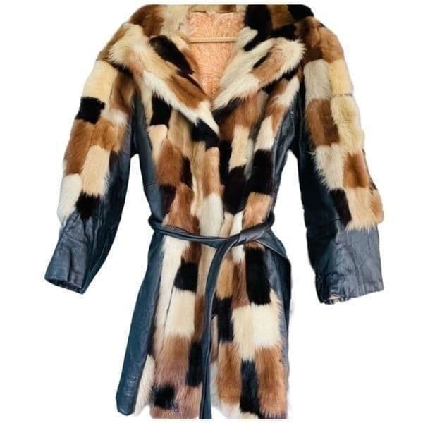 FUR COAT Genuine Y2K Vintage Rabbit Fur Leather Patchwork Long Belted Winter Coa - Thumbnail 5