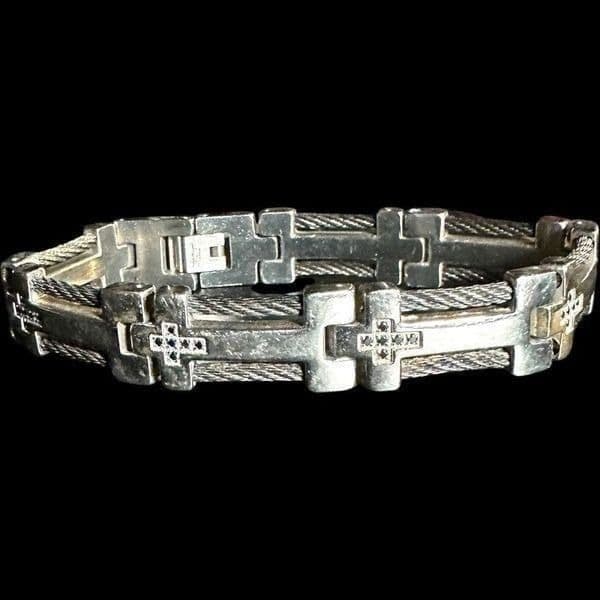 STAINLESS STEEL Silver Black Cubic Zirconia Cross Religious Designer Link Bracel