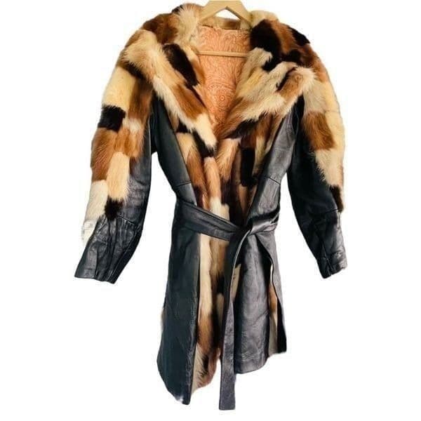 FUR COAT Genuine Y2K Vintage Rabbit Fur Leather Patchwork Long Belted Winter Coa - Thumbnail 10