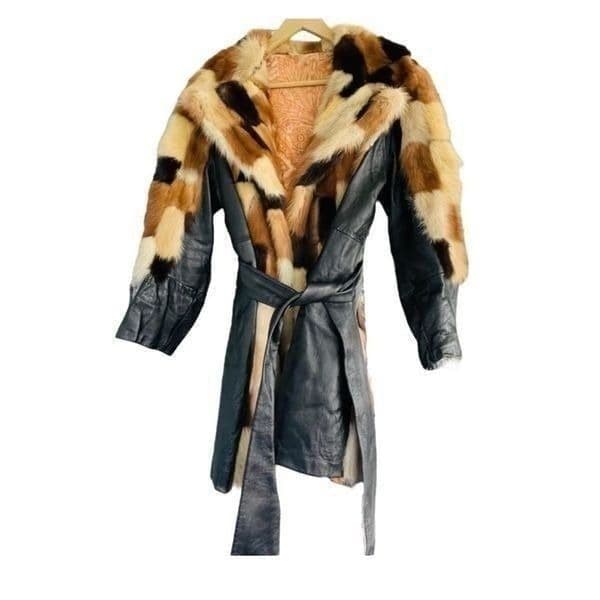 FUR COAT Genuine Y2K Vintage Rabbit Fur Leather Patchwork Long Belted Winter Coa - Thumbnail 7