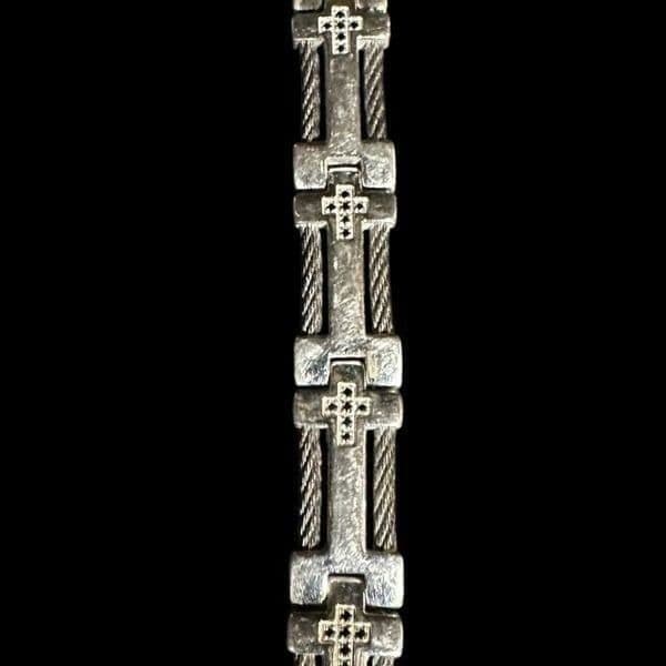 STAINLESS STEEL Silver Black Cubic Zirconia Cross Religious Designer Link Bracel - Thumbnail 10