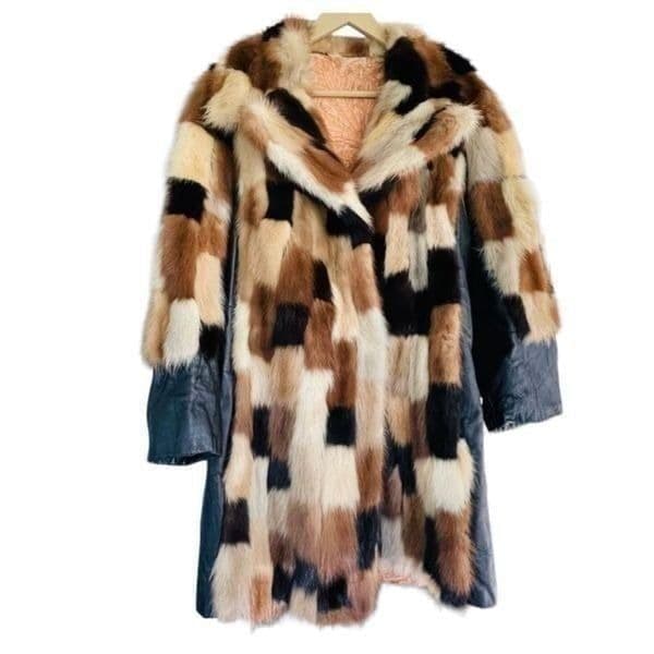 FUR COAT Genuine Y2K Vintage Rabbit Fur Leather Patchwork Long Belted Winter Coa - Image 1