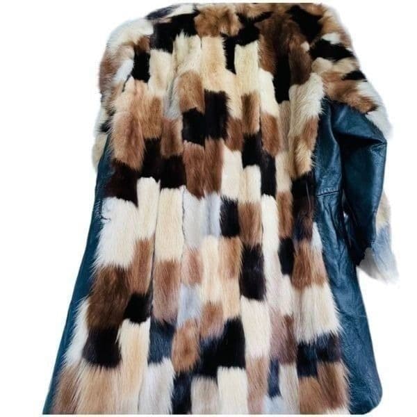 FUR COAT Genuine Y2K Vintage Rabbit Fur Leather Patchwork Long Belted Winter Coa - Thumbnail 2